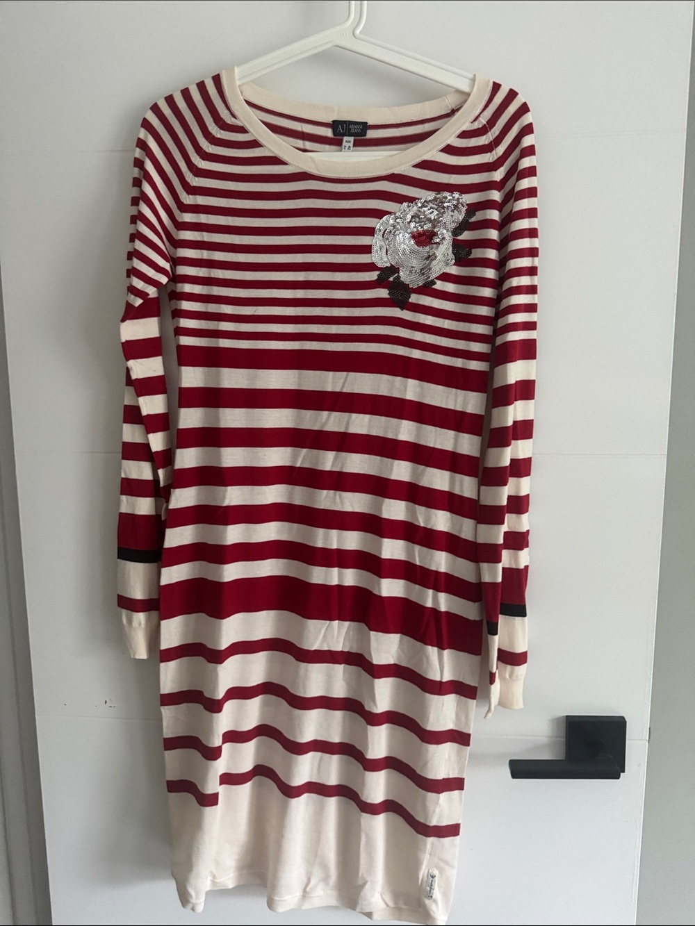 Striped Red & Cream Long Sleeve Dress with Floral Embellishment